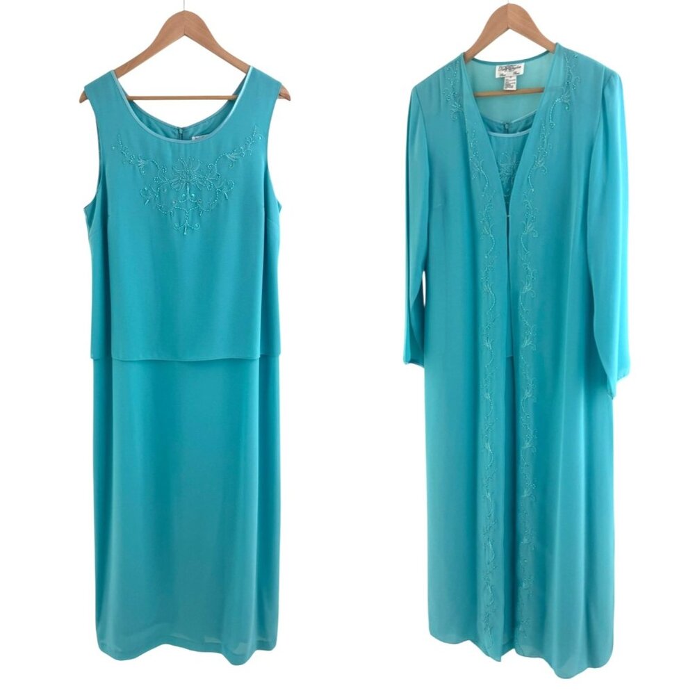 Aqua Blue Embroidered Beaded Long Gown & Jacket Mother Of Bride Dress Wedding 14